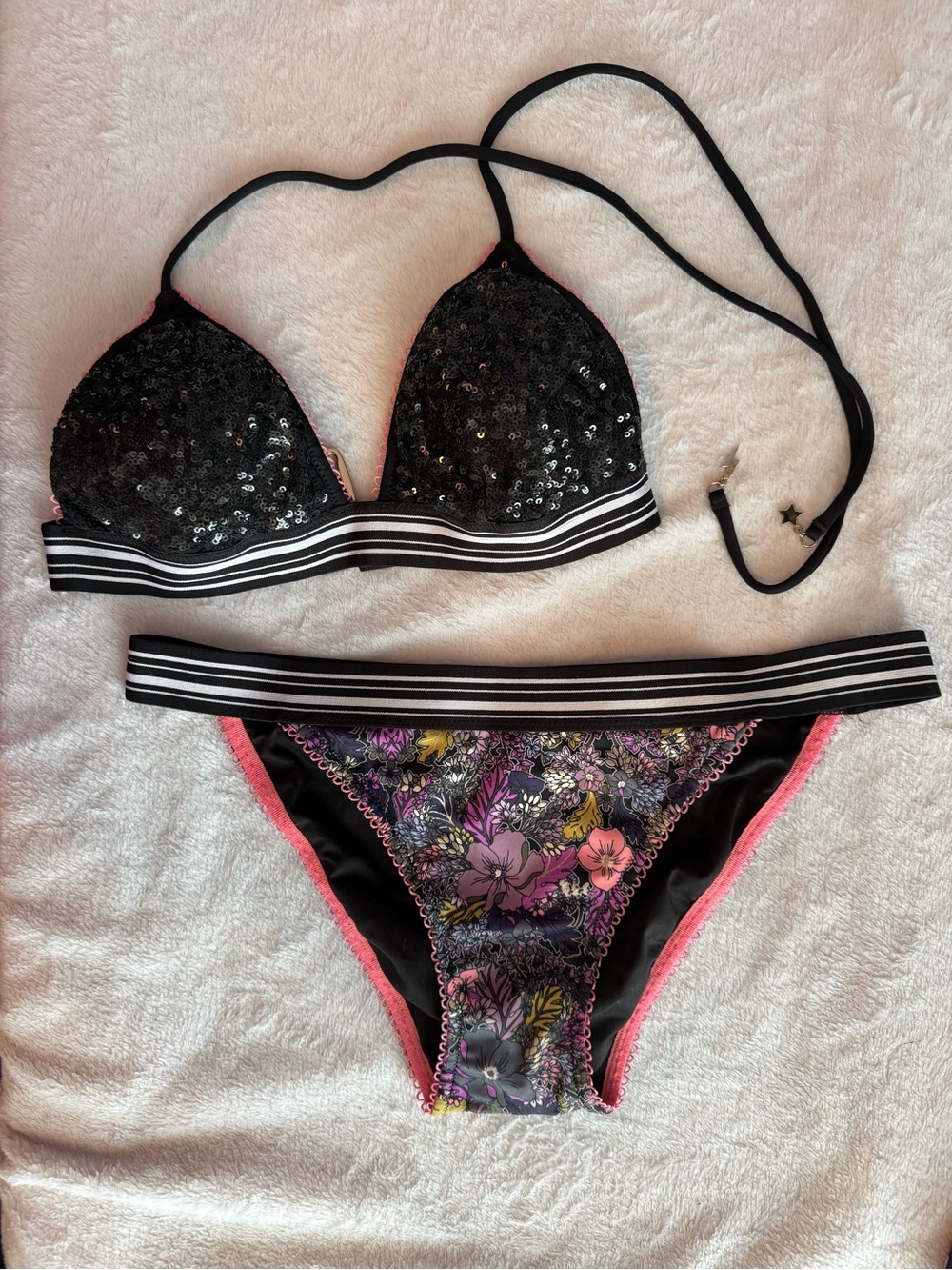 Victoria’s Secret Sequin Bikini Top S Floral Bottoms M Set